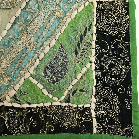 Patchwork Beaded Sari Floor Pillow/Cushion Cover Pair 26" Sq Green Multi Vintage - Picture 7 of 10